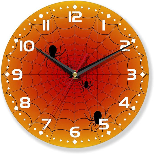 Wall Clock,Orange Spider Web Wall Clocks Wooden Art Hanging Clock Silent Non-Ticking Wall Clocks Battery Operated Round Home Arabic Numeral 10 Inch