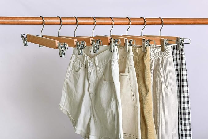 Amber Home 10 Pack 14.17" Solid Natural Wooden Pant Skirt Hangers, Bottom Hangers for Slacks Trousers Jeans with 2-Adjustable Anti-Rust Clips (Natural, 10 Pack)