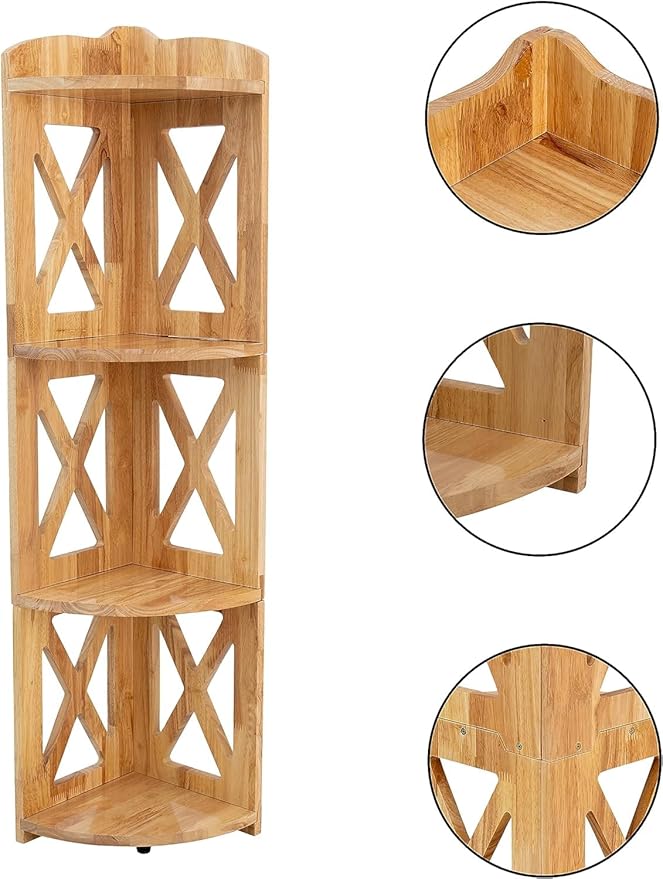 Corner Shelf Stand, Corner Bookshelf, Small Corner Shelves by Natural Wood, Plant Stand, Corner Bookcase for Living Room, Home Office, Bedroom, (Natural, 4 Tier X)