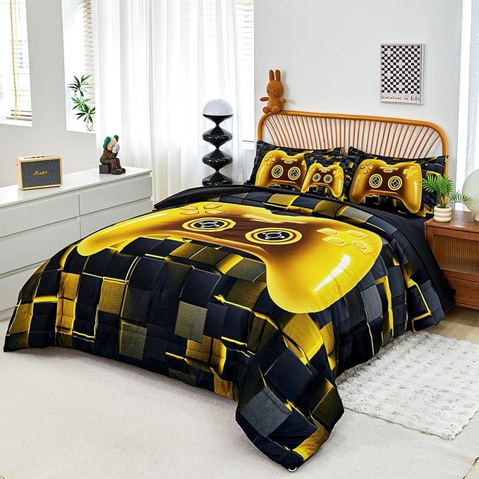 PERFEMET 6 Pcs Twin Bed in A Bag for Boys Girls Black Gold Video Game Comforter Set with Sheets Soft Cozy 3D Gamepad Gaming Bedding Set for All Seasons(Gold, Twin)