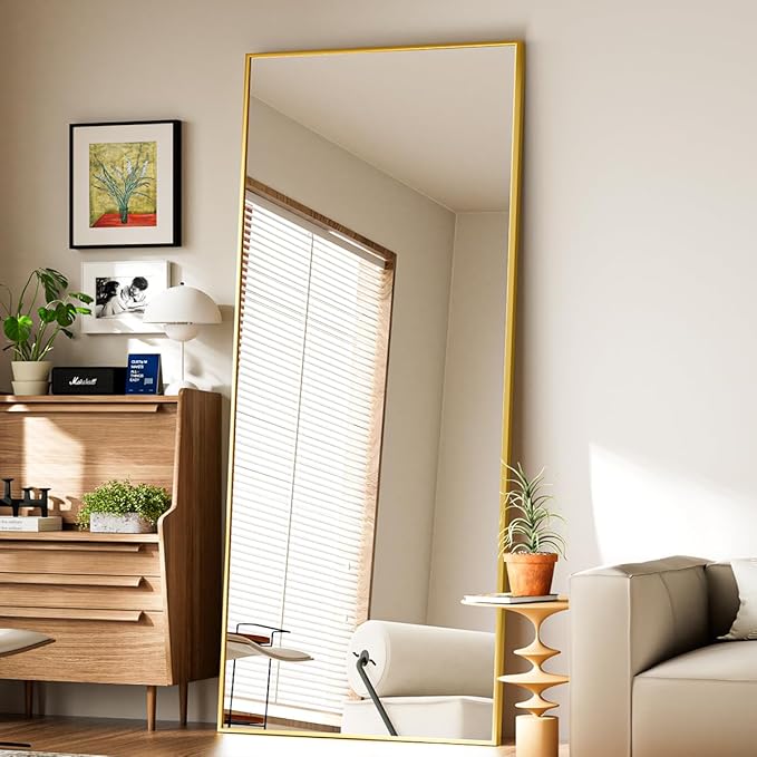 Koonmi Large Mirrors for Wall, 65"x24" Full Length Mirror with Stand, Full Body Mirror with Aluminum Alloy Frame, Hanging or Leaning Against Wall, Floor Standing Mirrors for Bedroom Living Room, Gold