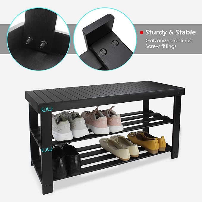 SMIBUY Bamboo Shoe Rack Bench, 3-Tier Shoe Organizer Storage Shelf for Entryway Hallway Bathroom Living Room (Black)