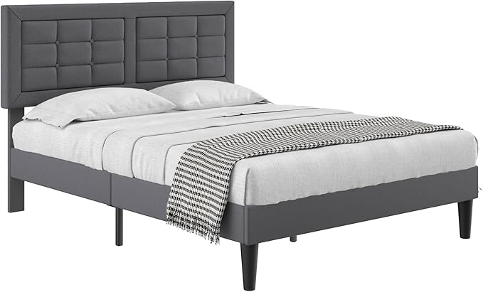 VECELO Queen Size Bed Frame with Adjustable Headboard, Upholstered Button Tufted Platform Bedframe with Wood Slats Support, No Box Spring Needed, Linen Fabric & Grey