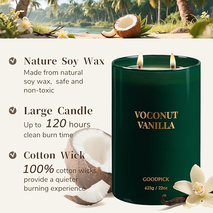 Goodpick Vanilla Coconut Candles, Scented Candle for Home, 22oz Soy Candles, Long Lasting 120hrs for Warmer Lamp, Odor Eliminating Gift