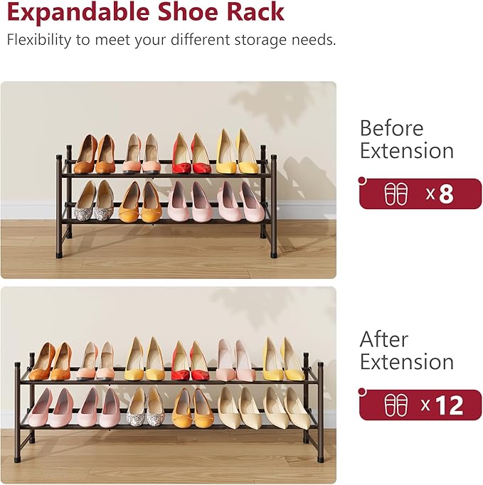 Tajsoon 2 Tier Expandable Shoe Rack for Closet, 28“-41“Adjustable & Stackable Shoe Shelf Storage, Metal Shoe Rack Organizer for Front Door Entrance, Closet, Garage, Entryway, Bronze