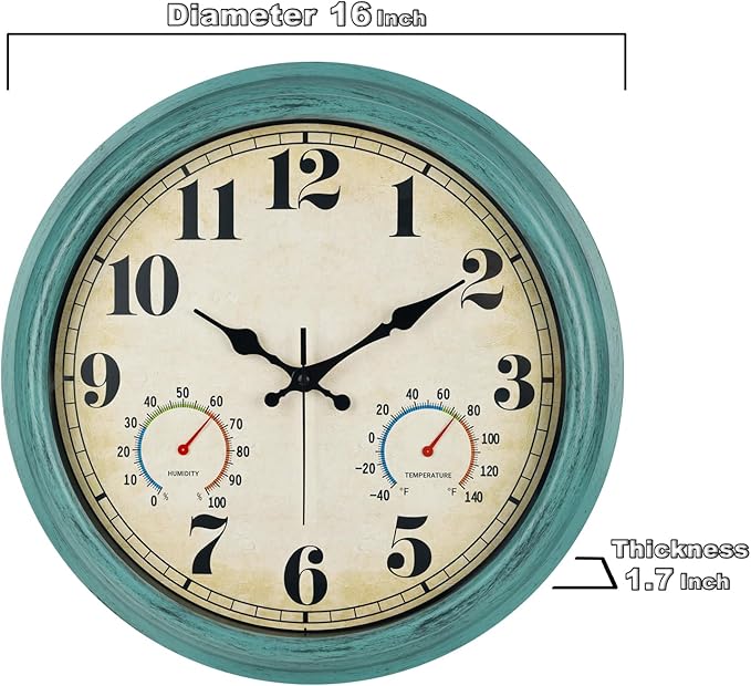 zyzamay 16 Inch Green Vintage Indoor/Outdoor Wall Clock with Thermometer & Hygrometer & Waterproof, Large Silent Sweep Numerals, Perfect for Porch, Garden, Pool