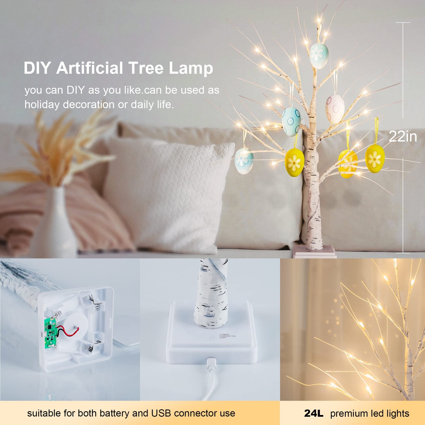 Woohaha Birch Tree Christmas Decorations Indoor for Home,2ft 24LED Warm White Light Up Birch Tree,Battery&USB Tabletop Timer Artificial Mini Christmas Tree with Lights for Holiday Party Wedding