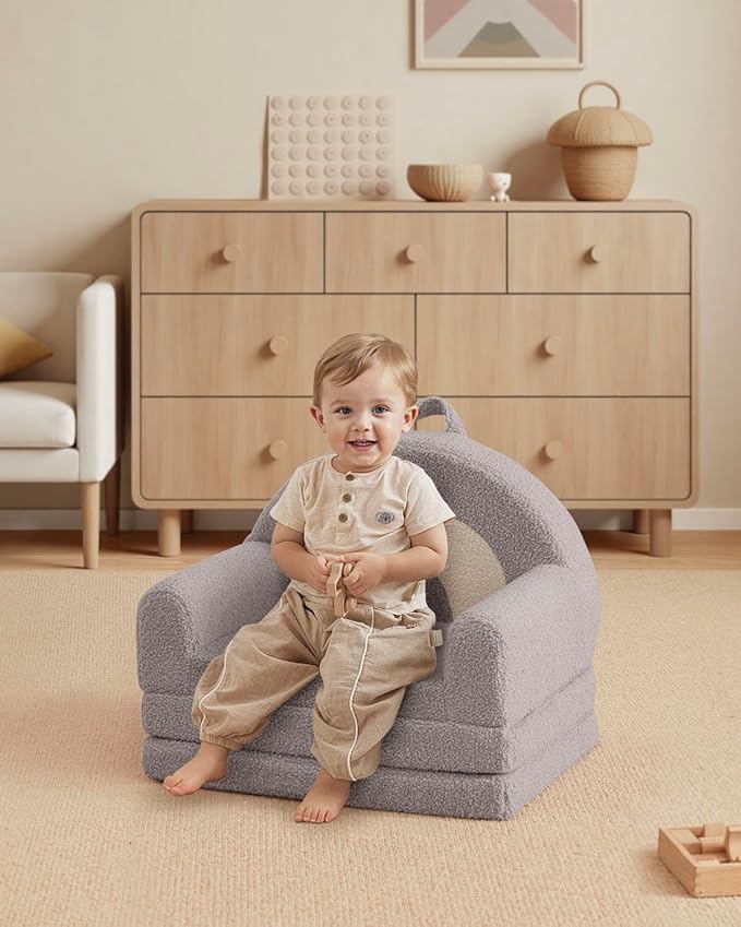 Blissful Diary Foldable Toddler Couch, 2-in-1 Comfy Toddler Chair & Lounger for Reading, Nap, Playroom, Kids Couch Sofa for 1 2 3+ Year Old Girls Boys Birthday Gift, Light Gray Arclet