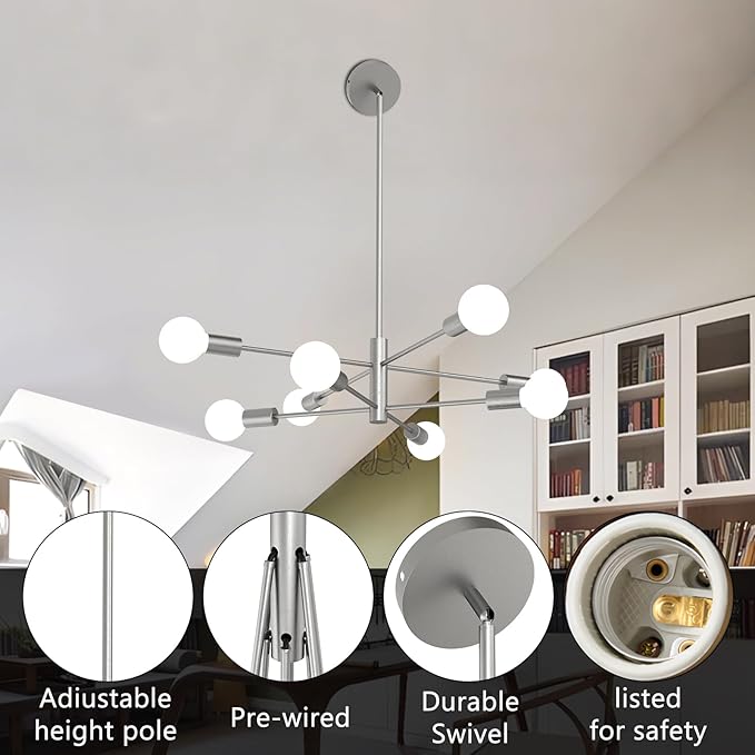 Modern Chandelier, 53 InchH Sputnik Ceiling Light Dining Room Light Fixtures Over Table Height Adjustable Mid Century Hanging Light E26 Pendant Lighting for Bedroom Kitchen Foyer 8-Light Silver
