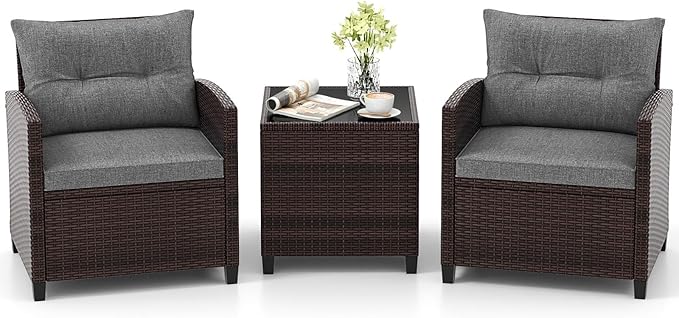 Tangkula 3 Pieces Patio Furniture Set, PE Rattan Wicker 3 Pcs Outdoor Sofa Set w/Washable Cushion and Tempered Glass Tabletop, Conversation Furniture for Garden Poolside Balcony (Grey)