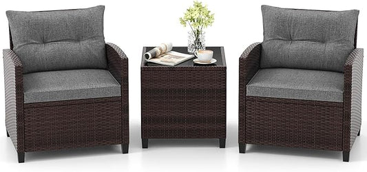 Tangkula 3 Pieces Patio Furniture Set, PE Rattan Wicker 3 Pcs Outdoor Sofa Set w/Washable Cushion and Tempered Glass Tabletop, Conversation Furniture for Garden Poolside Balcony (Grey)