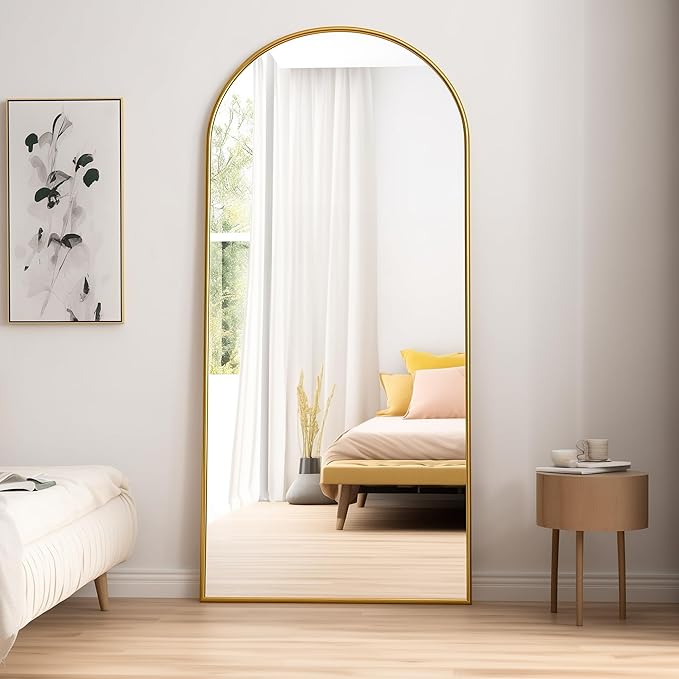 Floor Length Mirror, 76"x34" Arch Full Length Mirror Hanging or Leaning, Body Mirrors with Stand, Arched-Top Wall Mounted Mirrors with Aluminum Frame for Bedroom (Gold)