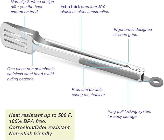 Premium 304 Stainless Steel Barbecue Turners, Heavy Duty Non-Stick BBQ Cooking Kitchen Tongs, 9" and 12" Grey