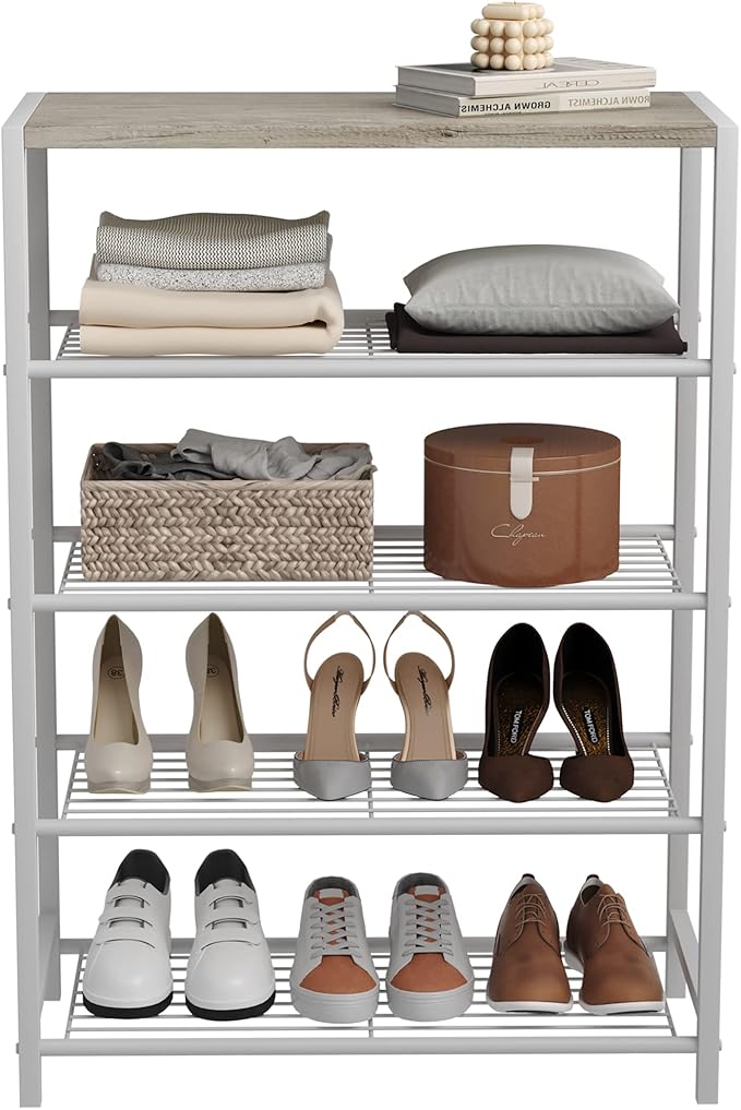 HOMEFORT 5-Tier Shoe Rack, Storage Shelf, Industrial Tower, Narrow Organizer for Closet Entryway, Small Table With Durable Metal Shelves, White Oak