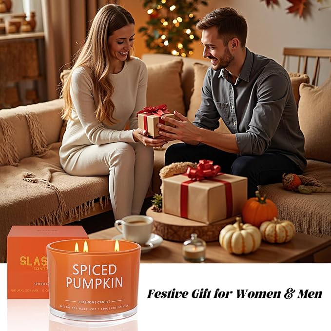 Pumpkin Spice Fall Candle, Large 3 Wick 12oz Luxury Candle, Elegant Autumn Gift for Women & Men, 60+ Hour Burn Time & Non-Toxic, Cozy Fall & Halloween Home Decor