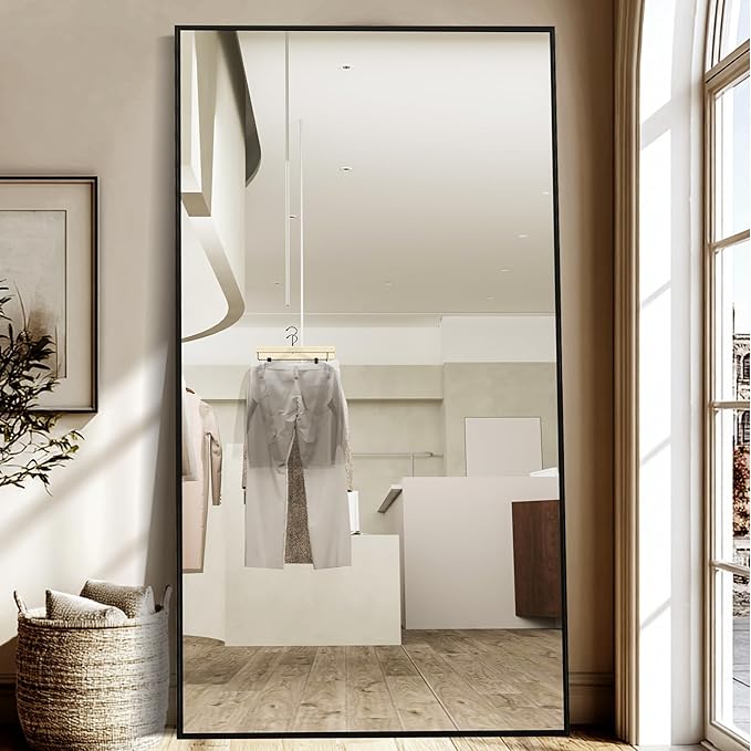 Beauty4U 79" x 39" Large Full Length Mirror with Stand, Metal Frame Black Wall Mounting Full Body Tempered Mirror for Living Room, Bedroom