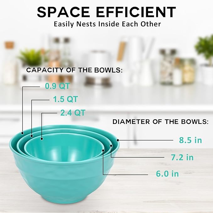 TP Mixing Bowl Set with Lids, 6-Piece Melamine Nesting Bowls Set for Pasta Baking Salad Mixing, Set of 3, Glossy Turquoise