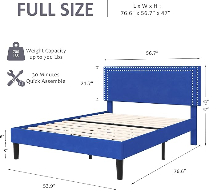 VECELO Bed Frame Full Size with Adjustable Upholstered Headboard, Wooden Slats Platform, Noise-Free Design, Easy Assembly