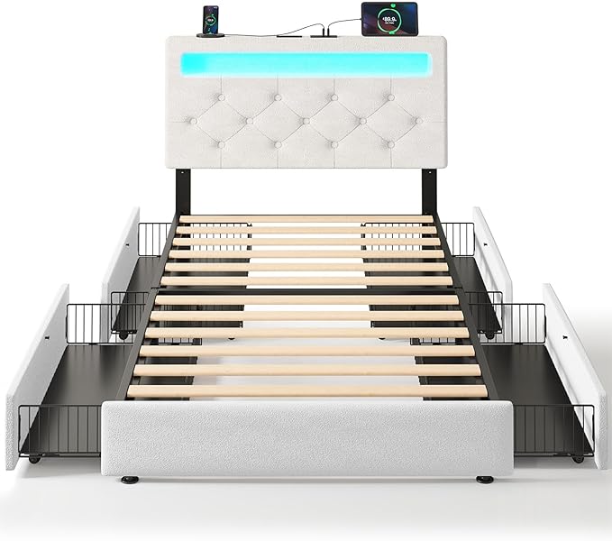 Rolanstar Twin Bed Frame with Charging Station and LED Lights, Upholstered Bed with Adjustable Headboard and 4 Storage Drawers, No Box Spring Needed, Easy Assembly, White