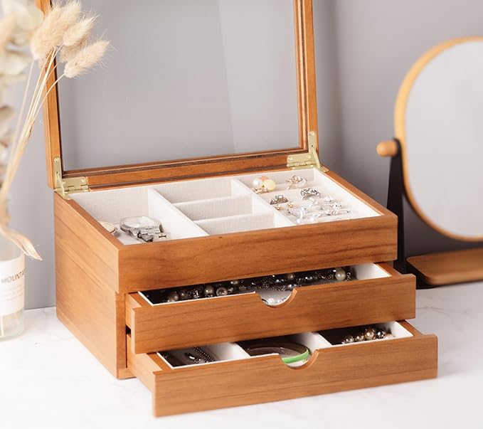 Jewelry Box with Glass Lid, 3 Layer Jewelry Organizer for Women, Solid Wooden Jewelry Box Display for Ring Earrings Necklace Bracelet, Pine Wood Jewelry Boxes Vintage Style for Gifts