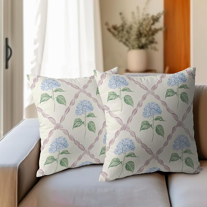 Kawani Hydrangea Pillow Covers 24x24 Inch Watercolor Blue and Pink Floral Outdoor Decorative Throw Pillows Set of 2 Rustic Elegant Flower Pillowcases Cushion Covers for Home Couch Decor