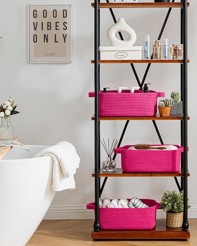 KALLAX Small Woven Basket, 14 x 10 x 5.6 Inches, Small Storage Baskets for Organizing, Gift Baskets Empty, Cute Rope Shelf Closet Storage Bins for Shelves, Dog Toy Basket, Hot Pink