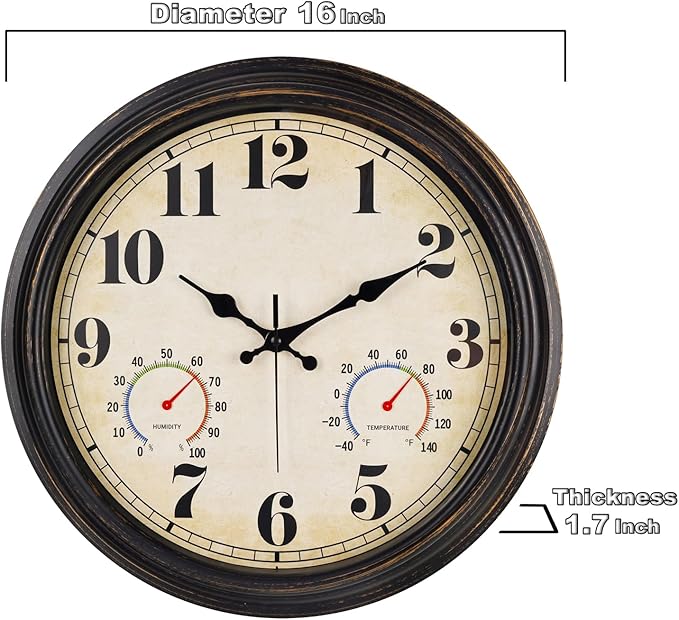 zyzamay 16 Inch Black Gold Vintage Indoor/Outdoor Wall Clock with Thermometer & Hygrometer & Waterproof, Large Silent Sweep Numerals, Perfect for Porch, Garden, Pool