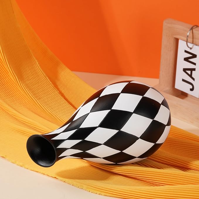 Black and White Decorative Vase for Home Decoration,Plaid Living Room Flower Vase Simple Modern Home Decoration Ornament Desktop Study Decorative Flower Arrangement