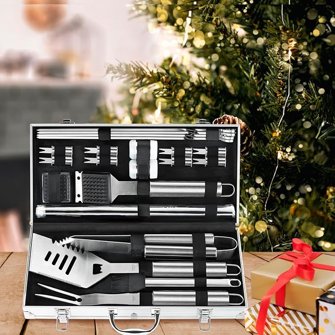POLIGO 22PCS Heavy Duty BBQ Grill Accessories Set, Non-Slip Grill Tools for Outdoor Grill Set Thicker Stainless Steel Grill Utensils Set, Deluxe Grilling Tools Set in Aluminum Case Ideal Gifts for Men