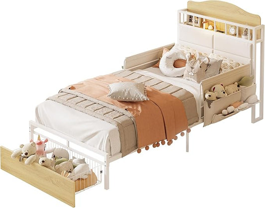 LIKIMIO Twin Bed Frame with Guardrail & Bedside Caddy, Multifunctional Headboard with Charging Station, Durable Metal Platform Bed, Noise-Free, No Box Spring Needed, White