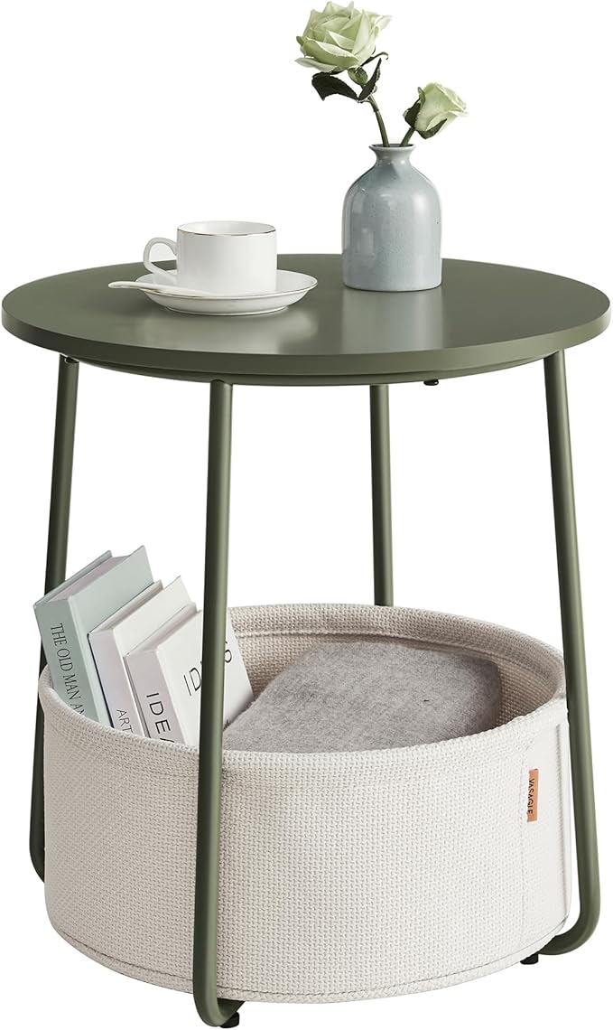 VASAGLE Small Round Side End Table, Modern Nightstand with Fabric Basket, Forest Green and Cream White ULET223C80