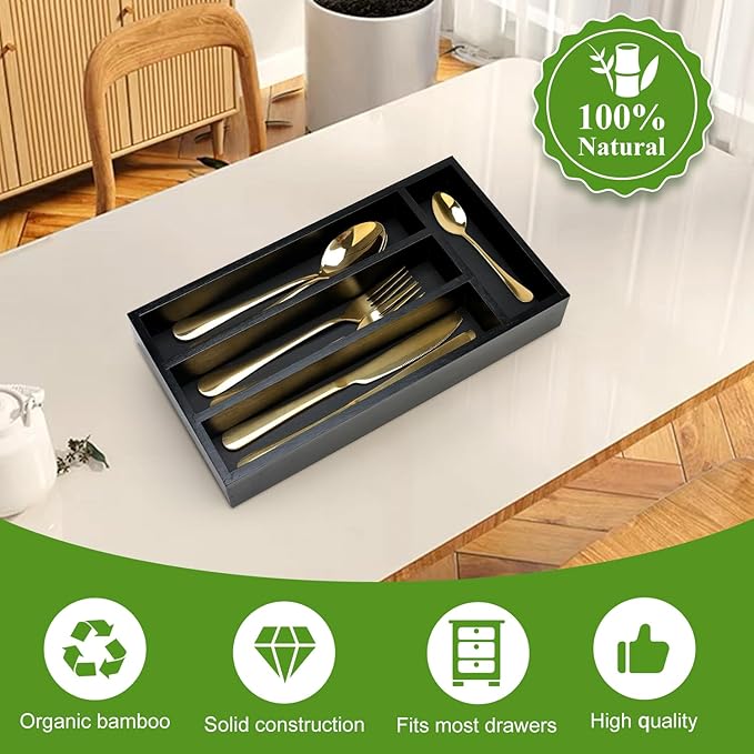 Ayiaren Small Wooden Silverware Organizer Tray Narrow Kitchen Drawer Dividers Utensil Organizers and Storage Black Cutlery Trays Spoon Flatware Organizer for Drawer Bamboo Cutlery Utensil Holder Tray