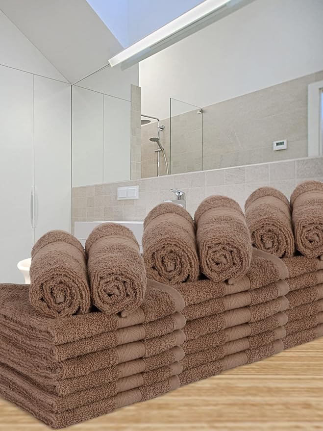 Casa Lino Face Towels & Body Wash Cloths for Showering - 100% Cotton Wash Cloths for Bathroom - Highly Absorbent & Quick Drying Washcloth Set - Cotton Washcloths 24 Pack (12" x 12") - (Brown)