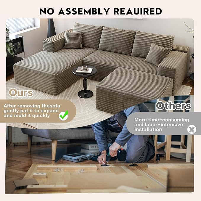 107.5" Cloud Sectional Couch with 1 Ottoman,Modern Modular Sofa with Deep Seat, Comfort U Shaped Sofa Couches for Living Room Bedroom Apartments,No Assembly Required, (Camel,Left Facing Chaise)