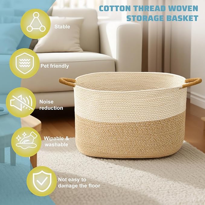 Large Woven Laundry Basket, Cotton Rope Storage Basket for Bedroom, Nursery & Bathroom – Toy Storage Organizer (Large(21.65" L x 12.6" W x 13.78" H))