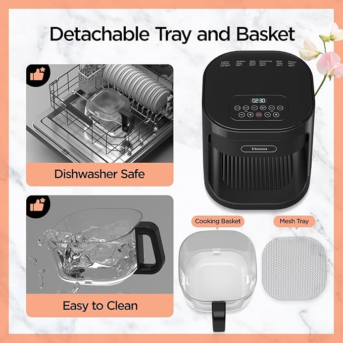 Vexon 4.5L Glass Air Fryer ,Clear Viewing Window ,Easy-to-Clean Basket ,Multiple Cooking Modes ,User-Friendly Digital Controls (Black)