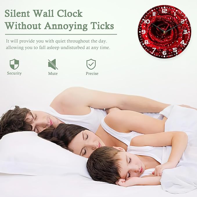 Wall Clock,Red Rose Wooden Wall Clocks Art Silent Non-Ticking Wall Clocks Battery Operated Round Home Arabic Numeral Decorative Wall Clock 10 Inch