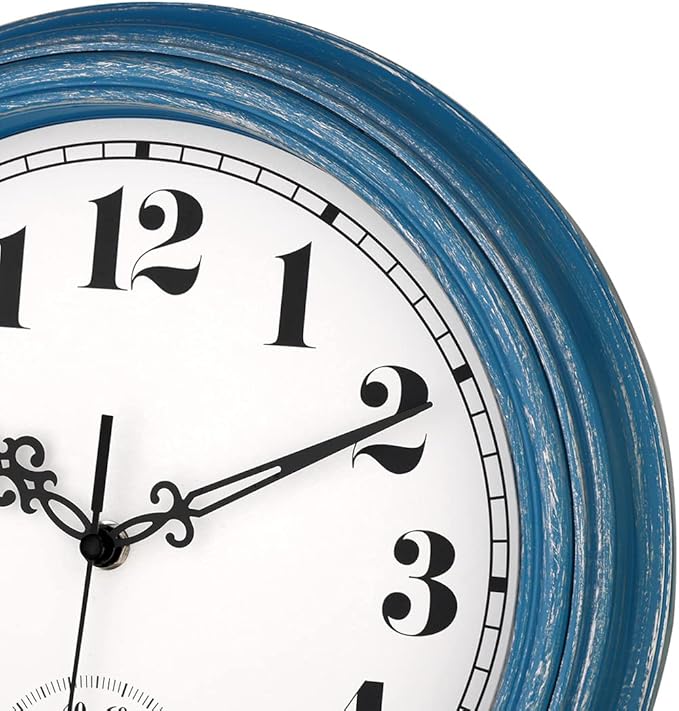 zyzamay 12 Inch Indoor Outdoor Clocks,Waterproof Wall Clock with Thermometer,Easy to Read,Non-Ticking Battery Operated Quality Quartz Clock, Decorative for Patio,Porch,Pool,Bathroom,Deck(Blue)