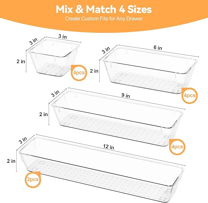 14-Piece Modular acrylic clear drawer dividers and storage bins- 4-Size Clear plastic Drawer Organizer Trays for Vanity,Dresser, Bathroom, Kitchen, Office Gadgets Utensils