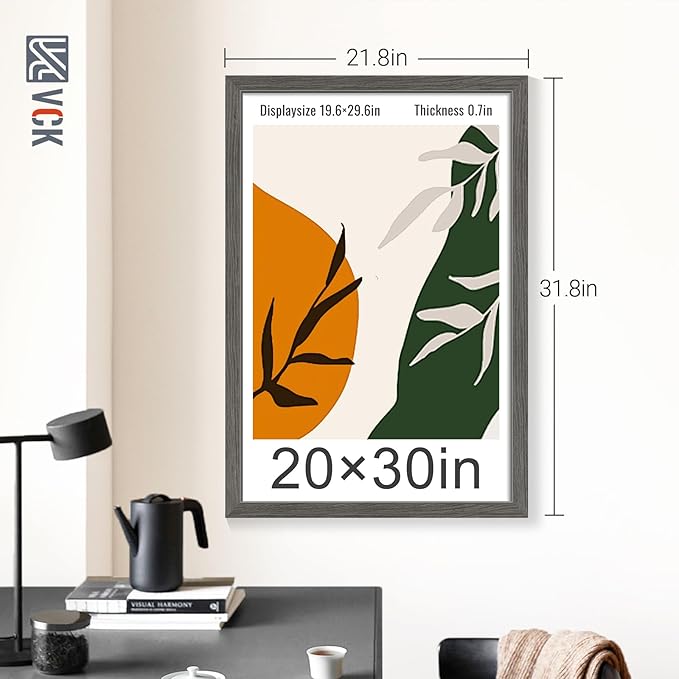 VCK 20x30 Poster Frame Set of 4 - Grey, Gallery-Quality Wood Picture Frames, 1.1-Inch Wide Border, Polished Plexiglass, Vertical or Horizontal Wall Display for Photo/Art/Prints, Grey