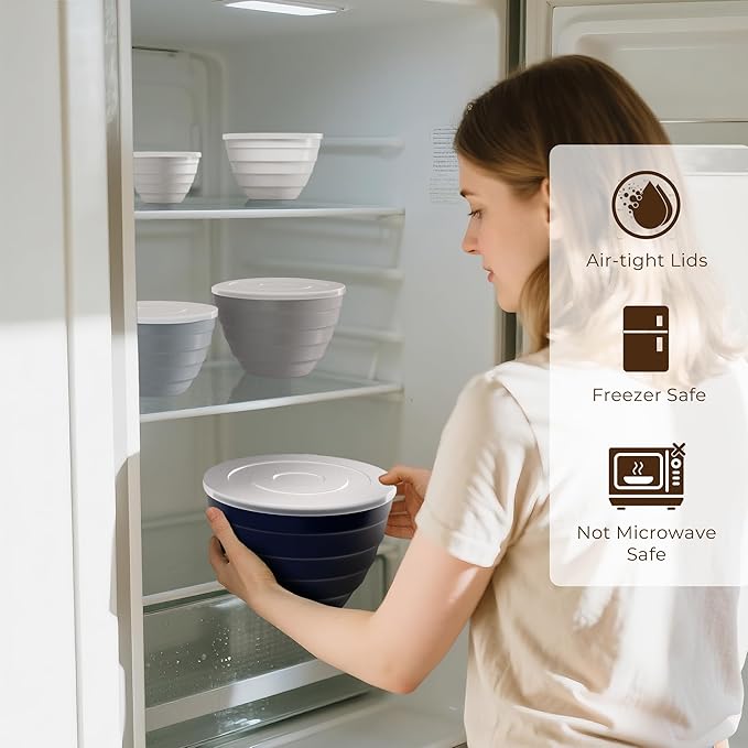 TP Mixing Bowls with Lids, 10-Piece Nesting Melamine Bowls Set for Prepping Serving Baking Cooking, Non Slip Bottom, Set of 5, Blue and White