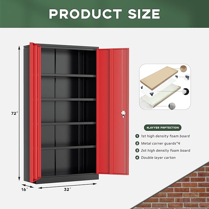 Greenvelly Metal Garage Storage Cabinet with Doors and Adjustable Shelves,72" Steel Lockable File Cabinet for Home Office,Garage,School(Black Red,32" W x 16" D)