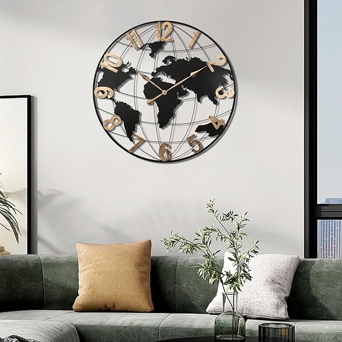 36 Inch Oversized World Map Wall Clock,Large Retro Silent Non-Ticking Battery Operated Clock for Living Room, Bedroom, Office, Kitchen, Black Arabic Numerals