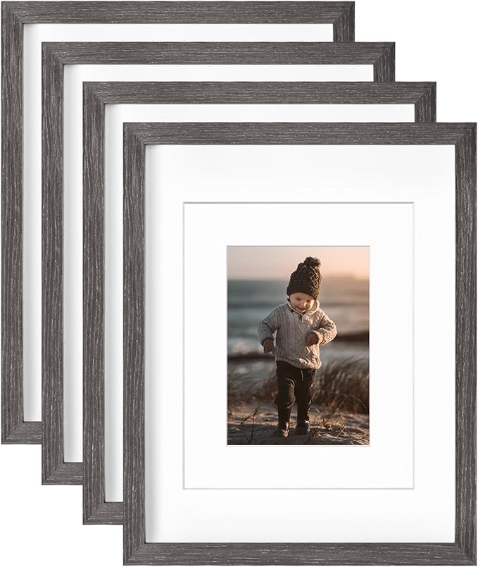 KINLINK 11x14 Picture Frame Ash Black, Solid Wood Frames with Acrylic Plexiglass for Pictures 5x7/8x10 with Mat or 11x14 without Mat, Tabletop and Wall Display, Set of 4