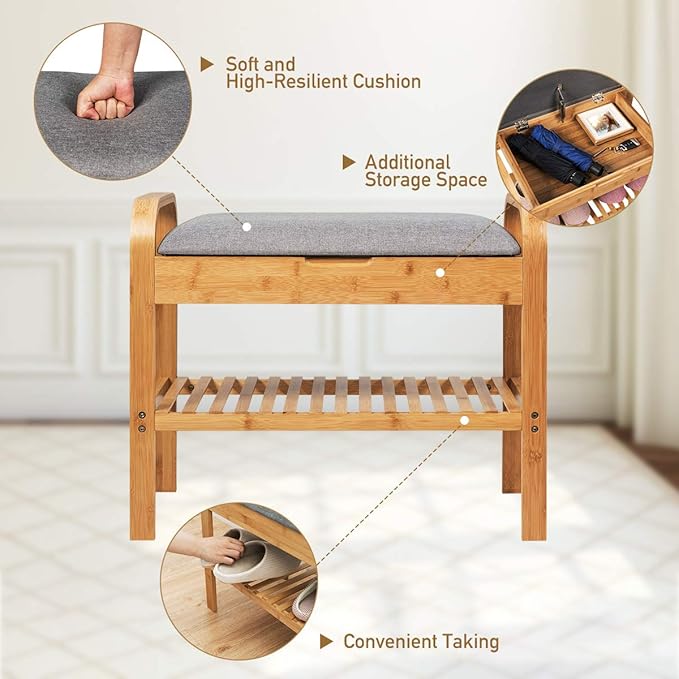 Giantex Small Entryway Bench with Storage, 2-Tier Bamboo Shoe Rack Bench with Flip Top Storage Space and Padded Cushion, Shoe Organizer for Entryway, Living Room, Hallway, Bedroom,Natural