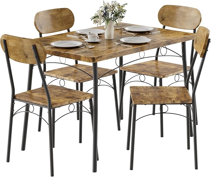 VECELO Dining Table Set for 4, 5-Piece Kitchen Table with 4 Chairs, MDF Board Tabletop with Metal Frame for Small Space, Compact Dinette, Breakfast Nook, Brown