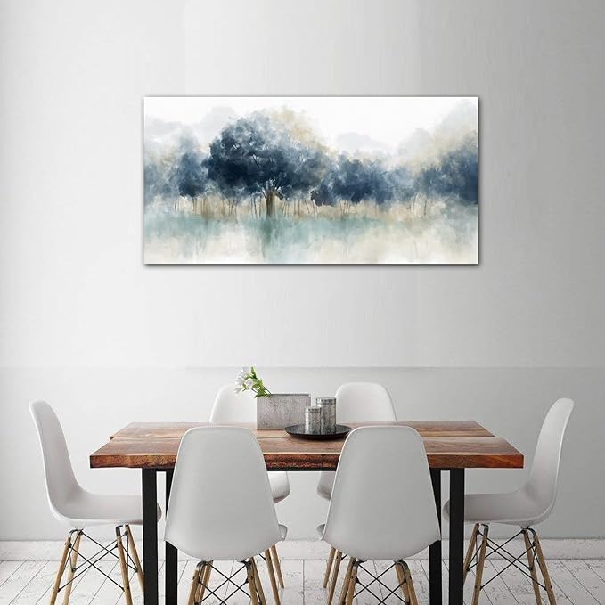 Foggy Forest Canvas Wall Art - Indigo Blue Abstract Trees Pictures for Wall Decor Nature Canvas Painting Modern Printing Artwork for Living Room Bedroom Home Office Wall Decoration 24" x 48"