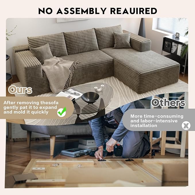 107.5" Cloud Sectional Couch with L-Shape Chaise,Modern Modular Sofa with Deep Seat, Upholstered Couches for Living Room Bedroom Apartments,No Assembly Required, (Camel,Right Facing Chaise)