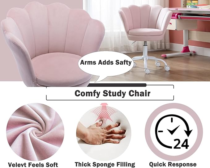 Adjustable Kids Desk Chair Cute Reading Computer Chair for Students Modern Upholstered Velvet Swivel Rolling Armchair for Girls Bedroom, Seashell Back (Light Pink)