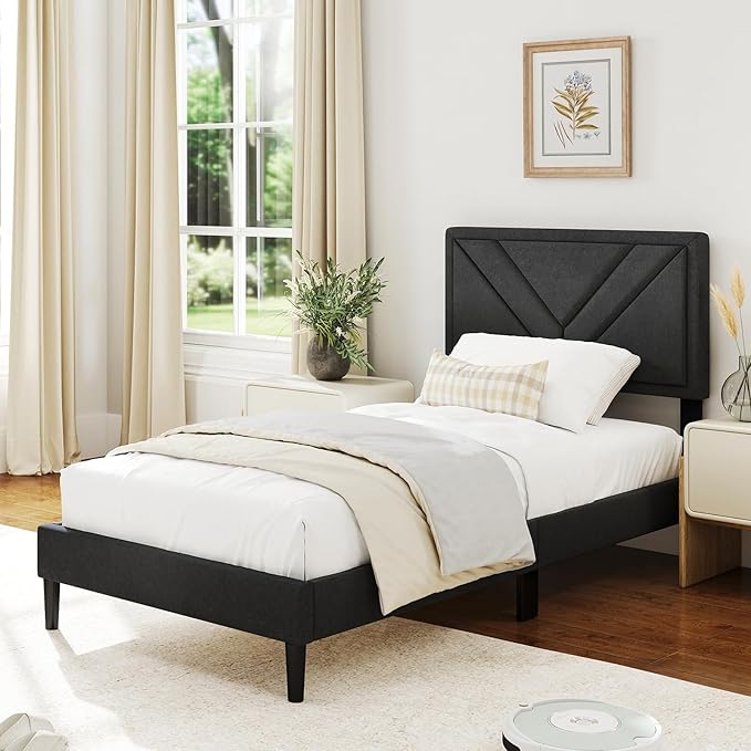 Giantex Twin Bed Frames with Headboard, Modern Upholstered Platform Bed Frame with Diagonal Channel Tufting Headboard, Wooden Slats Support, No Box Spring Needed, Gray